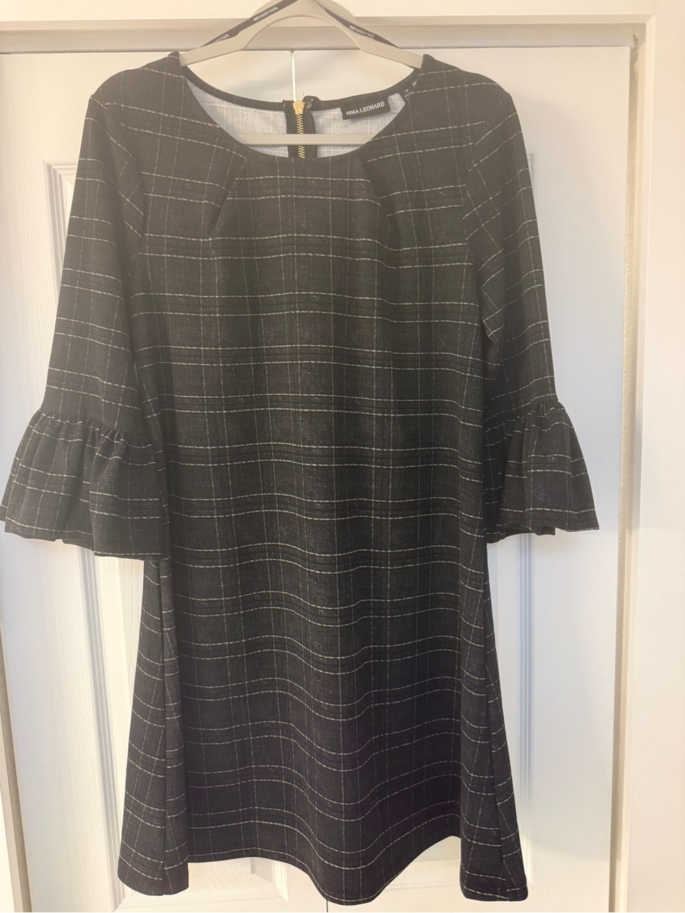 Nina Leonard Black Plaid Ruffle-Sleeve Midi Dress, Medium
